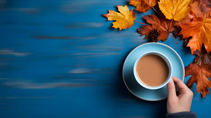 Top view of autumn fall hot drinks, Relax on Thanksgiving and Halloween holidays. Woman's hand wearing gray sweater holding hot coffee cup with autumn leaves on blue table background with copy space.