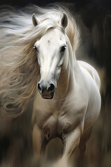 Gorgeous white horse galloping through the smoke, stunning illustration