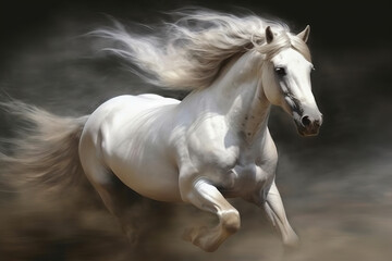 Obraz na płótnie Canvas Gorgeous white horse galloping through the smoke, stunning illustration