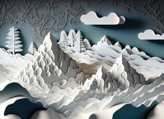 paper cut landscape forming mountain, mountain with sky, white mountain background in paper style, mountain origami, winter landscape with mountains made of paper cut 