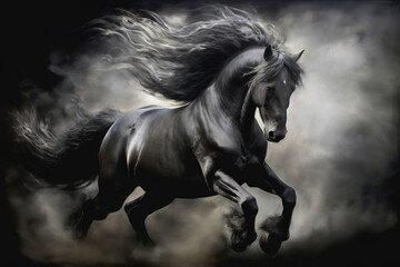 Obraz na płótnie Canvas Gorgeous black horse galloping through the smoke, stunning illustration