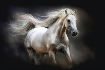 Naklejka na ściany i meble Gorgeous white horse galloping through the smoke, stunning illustration