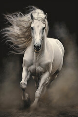 Gorgeous white horse galloping through the smoke, stunning illustration