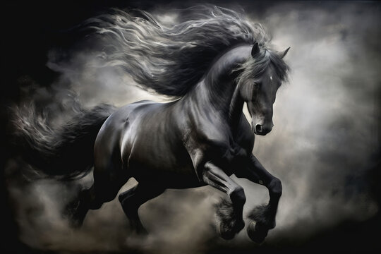 Gorgeous black horse galloping through the smoke, stunning illustration