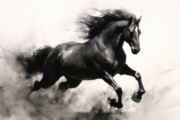 Obraz na płótnie Canvas Gorgeous black horse galloping through the smoke, stunning black and white drawing