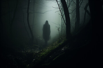Horror, fantasy, mystery and landscape concept. Dark human or ghost silhouette standing in dark forest. Dense forest covered with mist or fog. Dark tree trunks in background. Generative AI - obrazy, fototapety, plakaty