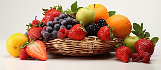 Basket with fruit made of wicker With copyspace for text