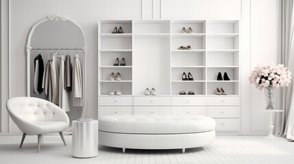 White Stylish interior of dressing room with sofa, rack and warm clothes, Interior of living room with shelving unit, clothes and sofa