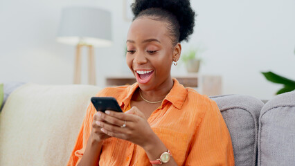 Excited, phone chat or black woman on couch in communication in house living room to relax. Smile,...