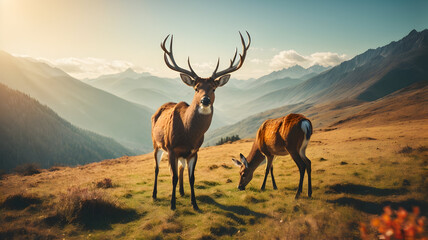 full body of deer on among beautiful mountain at sunny day.  - Powered by Adobe