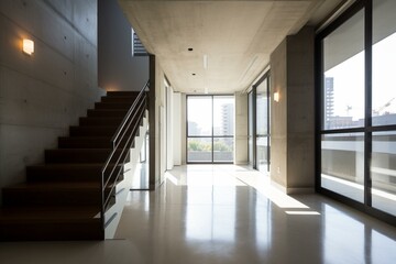 Sleek hall, stone floor, concrete stairs, city view. Generative AI