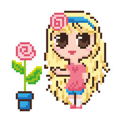 Obraz premium Pixel girl character with rose. Girl character, anime, chibi. Vector illustration