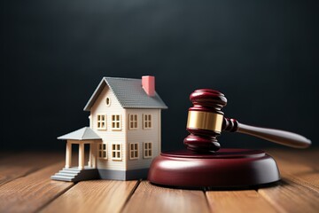 Legal auction with gavel and house model illustrating real estate law, taxes, profits, investing, home buying, and legal education concepts. Generative AI