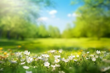 Beautiful blurred spring background nature with blooming glade, trees and blue sky on a sunny day. generative ai. - 658881572