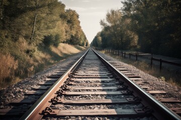 Fototapeta na wymiar Vertical photo of railroad tracks in daylight. Generative AI