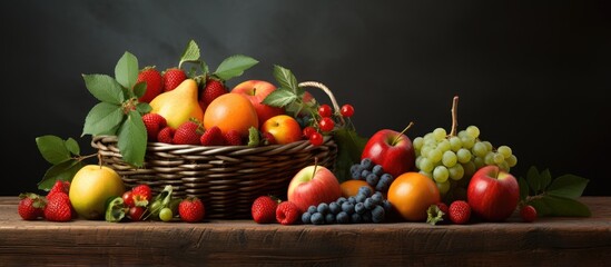 Table with ripe fruit basket With copyspace for text