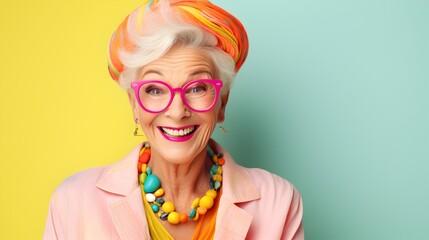 Beautiful and happy old woman with pink glasses and beautiful makeup