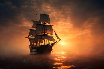 Obraz premium Renaissance Chiaroscuro of an Old Ship: Intense Light and Shadow Capture the Vessel's Voyage in Stormy Waters with Hints of Dark Gold and Orange.