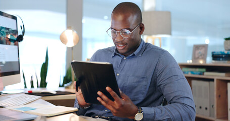 Businessman, black man and tablet for research, planning and networking in modern office with glasses. Face, african person and touchscreen for reading, technology and digital marketing at workplace