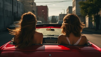 Two women in a convertible car - obrazy, fototapety, plakaty