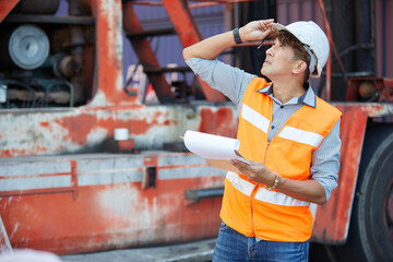 factory worker or engineer holding a clipboard and looking to something in containers warehouse storage