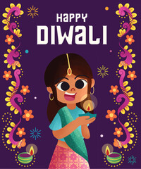 Illustration Diwali children holding oil lamp