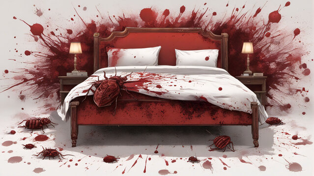 Bed bugs crawing in hotel bedroom splashed with blood.