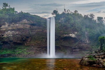 Waterfalls of Meghalaya, India: Classic Long Exposure Evening View of Famous and Majestic Phe Phe...