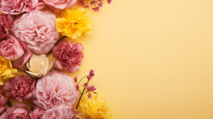Pink carnation and rose flowers on a yellow background.