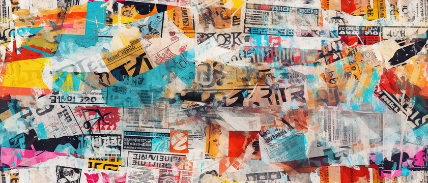 Closeup of abstract backdrop with collage of newspaper or magazine clippings, colorful grunge background with graffiti. Texture for background and banner.