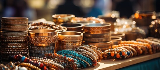 Sale of vintage bracelets and jewelry necklaces at flea market With copyspace for text