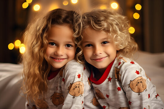 Christmas smiling little children in pyjamas over bokeh lights background