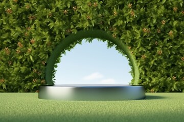 Fototapeta premium platform and Natural podium background on the grass field with green leaf arch door for product display, Blank showcase, mock up template or cosmetic presentation. generative ai.