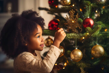 young black girl decorating Christmas tree