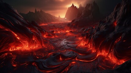 End of the world, the apocalypse, Armageddon. Lava flows flow across the planet, hell on earth - obrazy, fototapety, plakaty