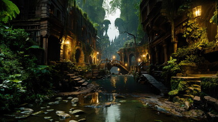 Underground city under lush jungle, connected by water channel. Ruins of an ancient civilization in tropics jungle