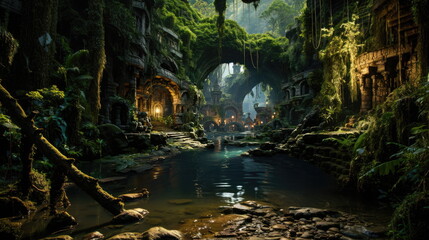 Naklejka premium Underground city under lush jungle, connected by water channel. Ruins of an ancient civilization in tropics jungle