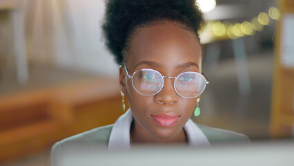 Business, thinking and black woman with glasses, solution and professional with problem solving, planning and brainstorming. African person, employee and consultant with eyewear, reflection and idea