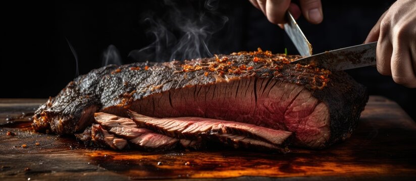 Freshly removing a smoked beef brisket With copyspace for text
