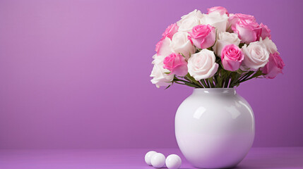 Pink roses in a white ceramic vase and round candies.