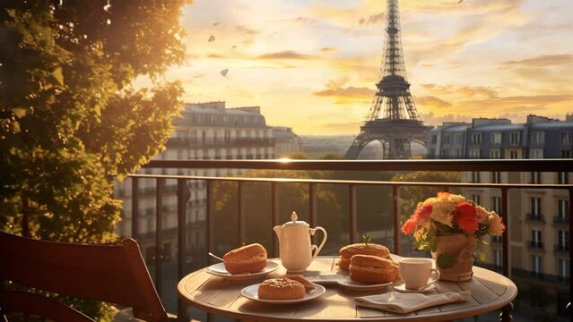 Delicious breakfast table french on a balcony in the morning sunlight. Beautiful view on the Eiffel tower. cozy romantic view in Paris