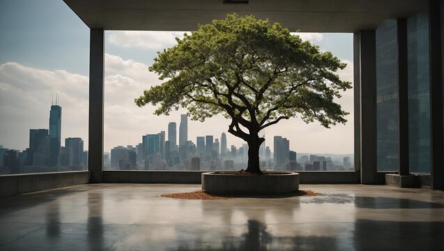  tree with city skyline background.  modern urbanization concept 