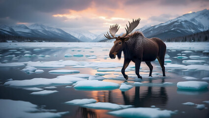 Majestic moose gracefully walks through icy waters in a wintry wilderness.