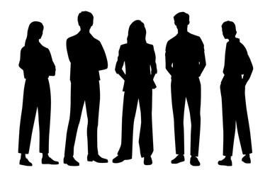 Vector silhouettes of  men and a women, a group of standing   business people, profile, black  color isolated on white background