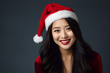 Happy Asian woman wearing Christmas hat isolated on grey background