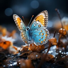 An elegant beautiful blue butterfly with orange wings and a dark background in the snow