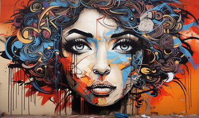 Street art masterpiece of a woman covering an expansive wall, providing an eye-catching graffiti background - obrazy, fototapety, plakaty