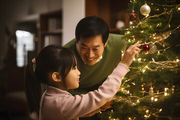 Asian father and daughter decorating Christmas tree