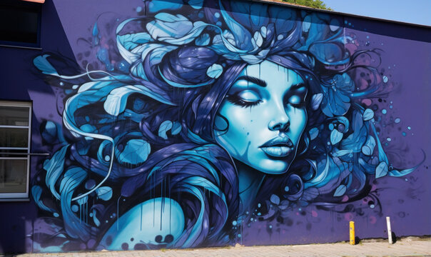 Street art masterpiece covering an expansive wall, providing an eye-catching graffiti background of a woman's beautiful face