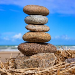 Stein-Pyramide am Strand mit Meer im Hintergrund